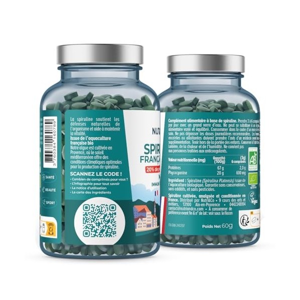 NUTRI & CO Spiruline BIO 100% Française - Cultivée en Provence - 20% de Phycocyanine - Riche en Protéines Vitamine B12 & Anti