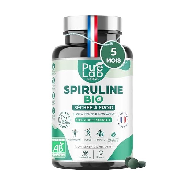 Spiruline Bio - 600 Comprimés Vegan, Cure 5 Mois - Jusquà 21% Phycocyanine et 69% Protéines - Séchée à Froid - Antioxydant, 