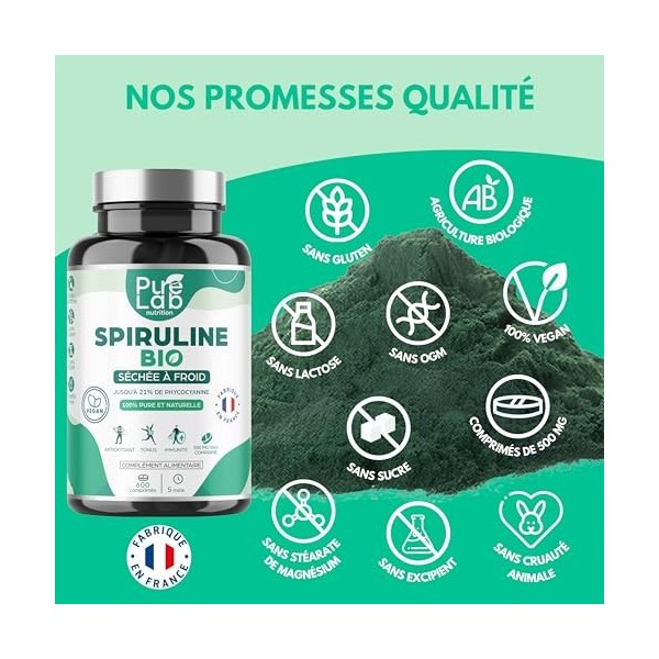 Spiruline Bio - 600 Comprimés Vegan, Cure 5 Mois - Jusquà 21% Phycocyanine et 69% Protéines - Séchée à Froid - Antioxydant, 