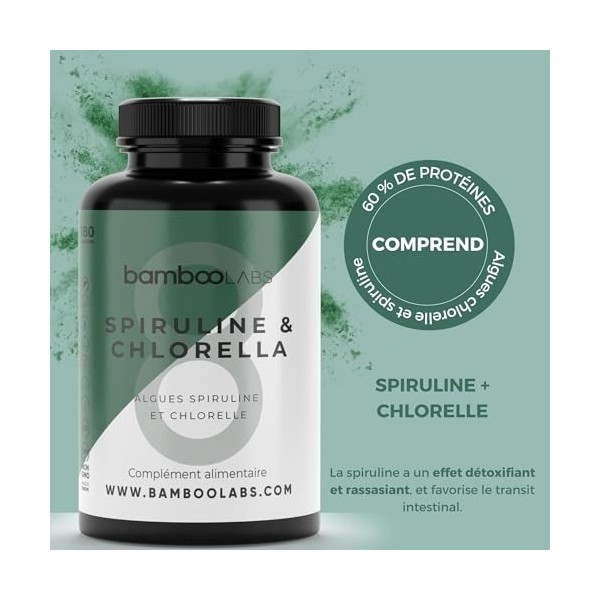 Bamboo Labs - Spiruline et Chlorelle, Compléments Alimentaires Vegan, 180 gélules de 1800 mg, Favorisent au Quotidien le Syst