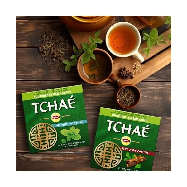 Lipton, Thé Vert Tchaé, Infusion à Froid ou Chaud, Goût Anis, Cannelle et Réglisse, Ingrédients dOrigine 100% Naturelle, 20 