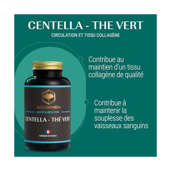 Naturathéra - CENTELLA THÉ VERT - Complément Alimentaire Cholestérol, Circulation & Hypertension Artérielle - 90 Gélules - Ex