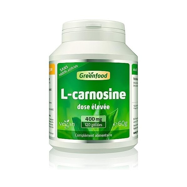 Greenfood L-carnosine, 400 mg, dose élevée, pure, 120 gélules, vegan. Sans additifs artificiels. Sans OGM. Sans gluten. Sans 