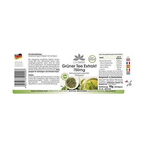Extrait de thé vert - 750mg - hautement dosé - végan - 100 gélules - avec 50% dEGCG | Warnke Vitalstoffe - Qualité des pharm