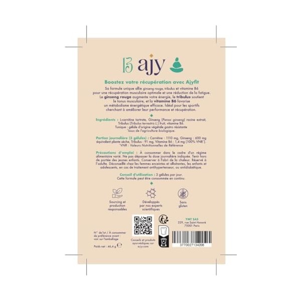 AJYFIT Energie, récupération sportive & concentration | Tribulus, vitamine B6 et ginseng rouge | 100% naturel, 45 gélules
