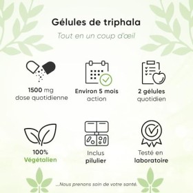 Triphala 300 gélules | 1500 mg par jour | Pour 5 Mois | avec pilulier | haute dose de Haritaki | Amalaki et Bibhitaki | 100% 