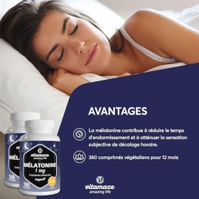 Pure Melatonin 1 MG pour 1 an , Duo Pack de 360 comprimés, Mélatonine à haute dose et végétalienne pour le sommeil, Suppléme