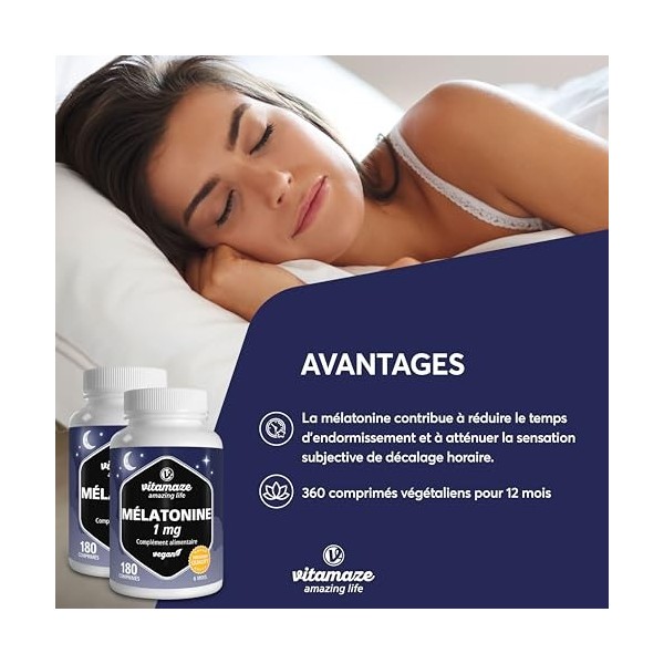 Pure Melatonin 1 MG pour 1 an , Duo Pack de 360 comprimés, Mélatonine à haute dose et végétalienne pour le sommeil, Suppléme