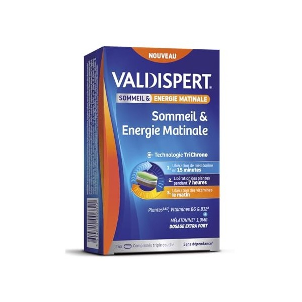 VALDISPERT - Sommeil & Energie Matinale - Complément alimentaire tricouches - Mélatonine 1,9mg, Plantes, Vitamines B6 et B12 