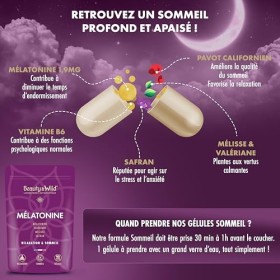 Mélatonine pour mieux dormir, Sommeil et Relaxation, 1.9mg de mélatonine + Valériane, Mélisse, Pavot californien, Safran et V