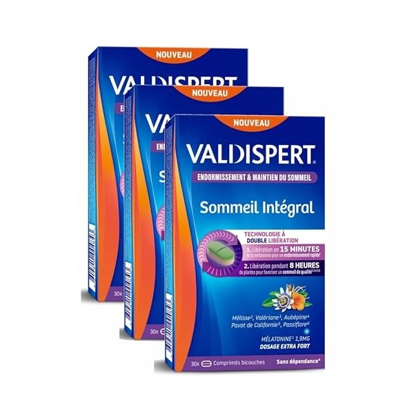 VALDISPERT - Sommeil Intégral - Endormissement et Maintien du Sommeil mélatonine 1,9mg - 3 Boites de de 30 Comprimés bicouche