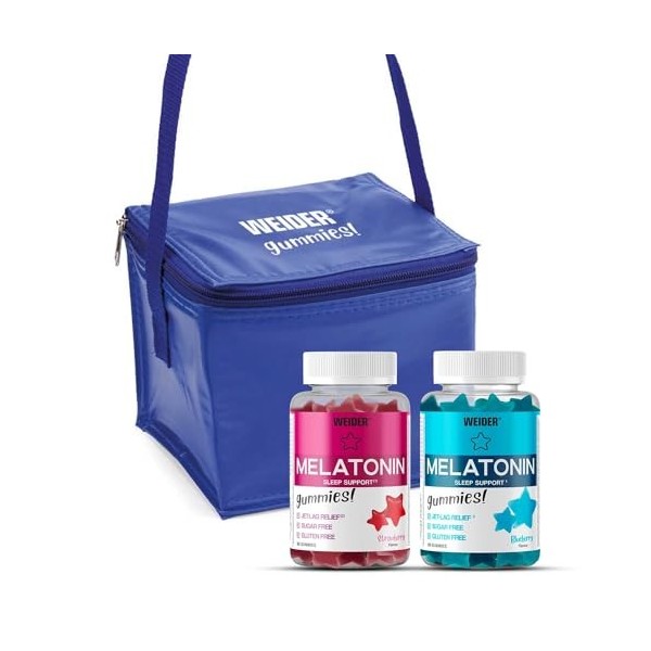 Weider PACK DUO Melatonin Gummies + Sac Isotherme Offert 2x60 gommes Goût Myrtille et Fraise, 1mg mélatonine/gomme, Aide co