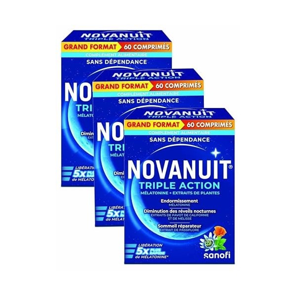 NOVANUIT Triple action - Mélatonine + Extraits de plantes - Grand FORMAT 6 MOIS de TRAITEMENT - lot de 3 Boites de 60 Comprim