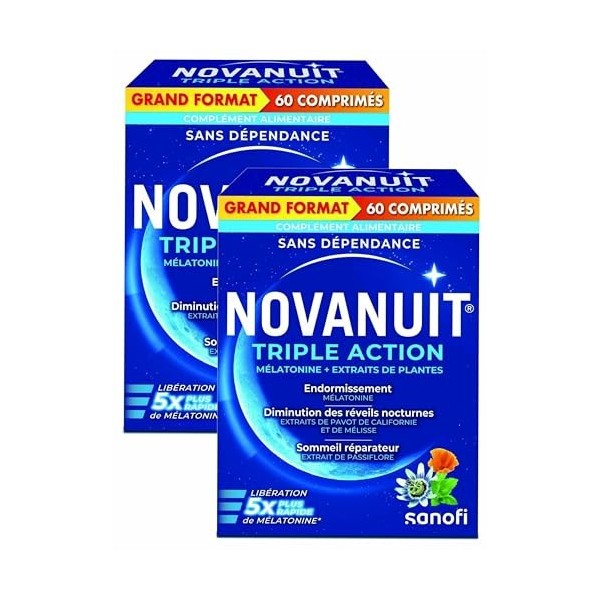 NOVANUIT Triple action - Mélatonine + Extraits de plantes - Grand FORMAT - 4 MOIS DE TRAITEMENT - Lot de 2 Boites de 60 Compr