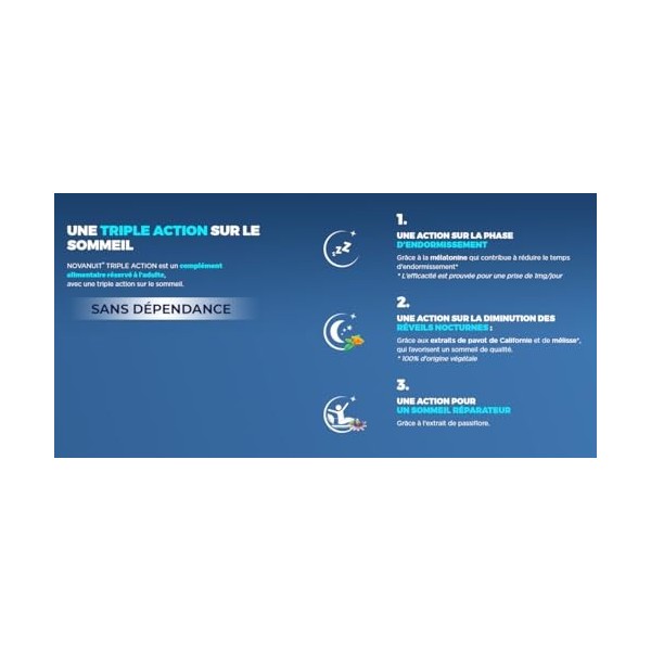 NOVANUIT Triple action - Mélatonine + Extraits de plantes - Grand FORMAT - Boite de 60 Comprimés
