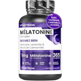 Melatonine Complex pour Dormir, 365 Comprimés - avec Valériane, Lavande, Camomille - Mélatonine Forte Vitastrong pour une Rel
