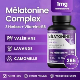 Melatonine Complex pour Dormir, 365 Comprimés - avec Valériane, Lavande, Camomille - Mélatonine Forte Vitastrong pour une Rel