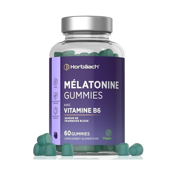 Melatonine Gummies | 60 Gommes 2 Mois | Avec Vitamine B6 | Goût Framboise | Complément Alimentaire pour Sommeil | par Horba
