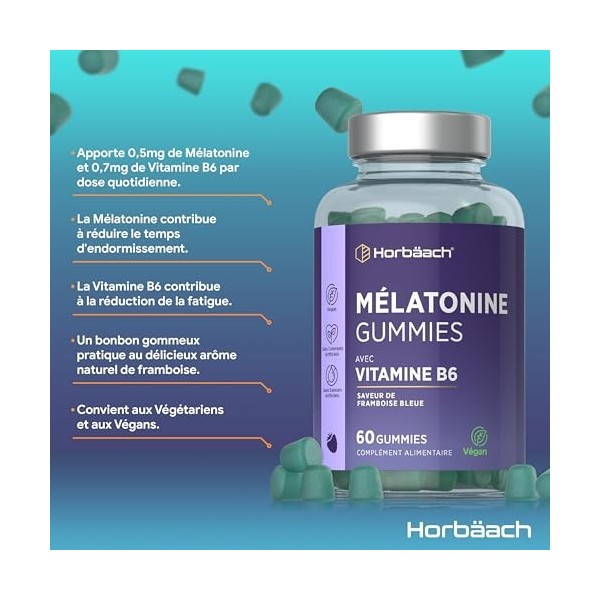 Melatonine Gummies | 60 Gommes 2 Mois | Avec Vitamine B6 | Goût Framboise | Complément Alimentaire pour Sommeil | par Horba