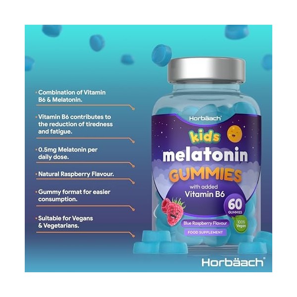 Mélatonine Gummies pour Enfants | avec Vitamine B6 | 60 Gommes 2 Mois | Melatonin for Kids | Complément Alimentaire pour So