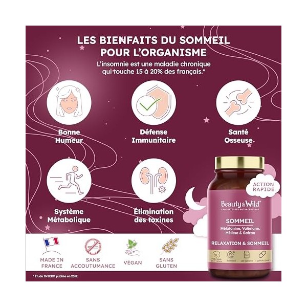 Sommeil, 1.9mg de Mélatonine pour mieux Dormir | FORMAT 4 MOIS - Calme lesprit & le Corps, Valériane, Mélisse, Safran, Vitam