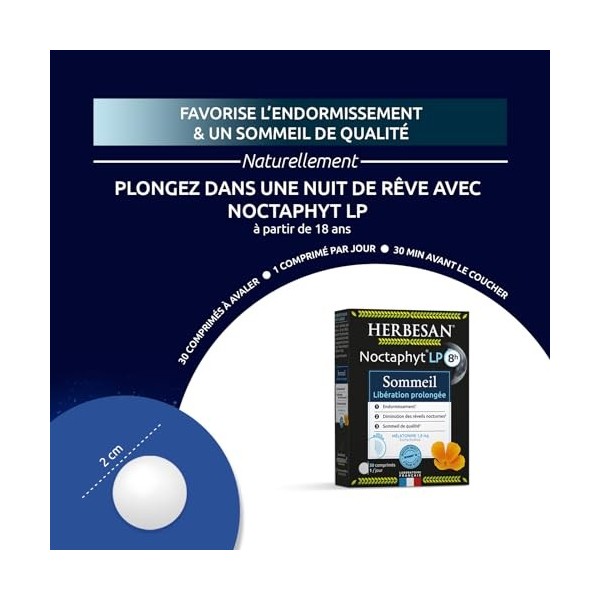 HERBESAN - NOCTAPHYT LIBÉRATION PROLONGÉ- Mélatonine 1.8 mg - Sommeil , réveil nocturne, décalage horaire - 30 comprimés