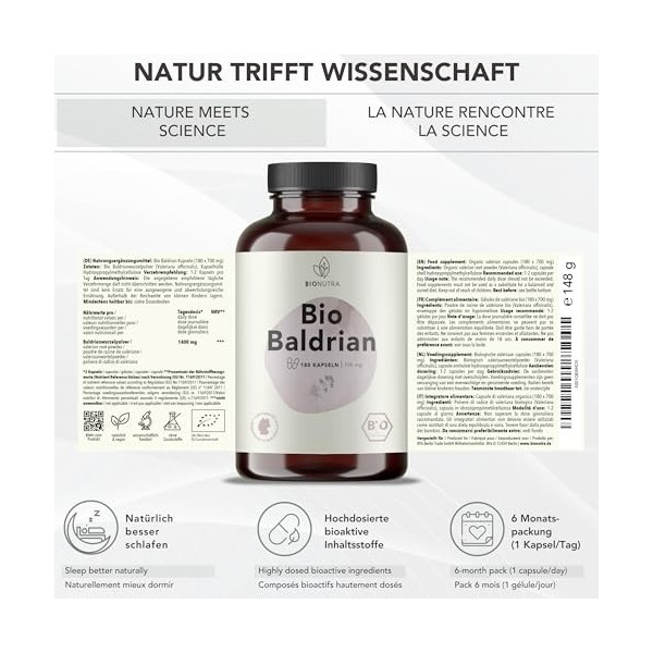 BIONUTRA® Valériane Bio | 180 gélules de 750 mg | 4 mois de consommation | Agriculture biologique | Végan | Sans additifs | S