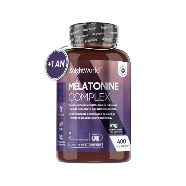 Mélatonine 400 Comprimés Vegan Pour +1 An - Endormissement Rapide EFSA Sommeil, Hautement Dosée - Avec Passiflore, Camomill