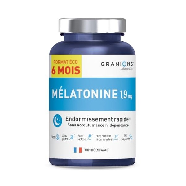 Melatonine 1,9mg | GRANIONS | MADE IN FRANCE | Complément alimentaire Sommeil Puissant | Aide pour dormir | Trouble du sommei
