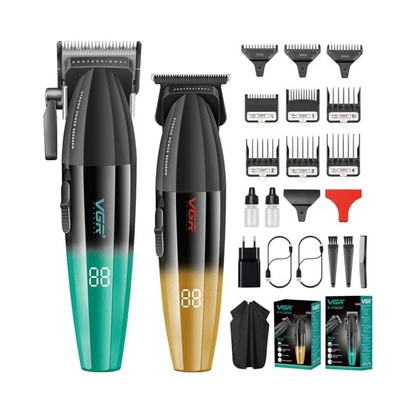 VGR Tondeuse Cheveux Professionnelle pour Hommes, Tondeuse Barbe et Cheveux Sans Fil, Tondeuse T-Lame Zero Gap 9000 T/min, Ki...