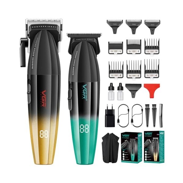 VGR Tondeuse Cheveux Professionnelle pour Hommes, Tondeuse Barbe et Cheveux Sans Fil, Tondeuse T-Lame Zero Gap 9000 T/min, Ki...