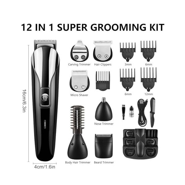 Colexy Tondeuse Barbe Homme, Tondeuse Cheveux pour Hommes, 12 en 1 Kit dOutils de Toilettage avec Tondeuse pour Nez et Oreil