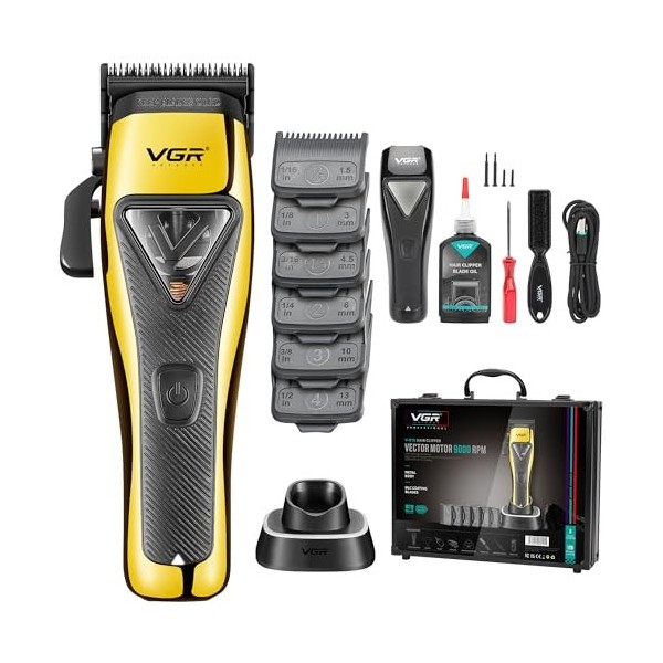 VGR Tondeuse à cheveux professionnelle sans fil pour homme - Kit de coupe de cheveux - Moteur Vector 9000 tr/min - Lames DLC 