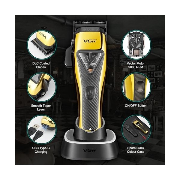 VGR Tondeuse à cheveux professionnelle sans fil pour homme - Kit de coupe de cheveux - Moteur Vector 9000 tr/min - Lames DLC 