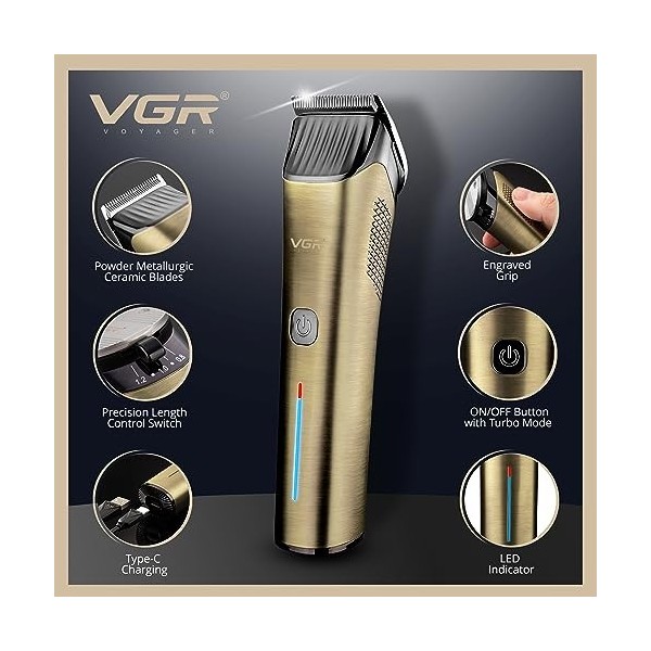 VGR Tondeuse à barbe longue rechargeable pour homme – Tondeuse à cheveux professionnelle sans fil pour coupe de cheveux – Bat