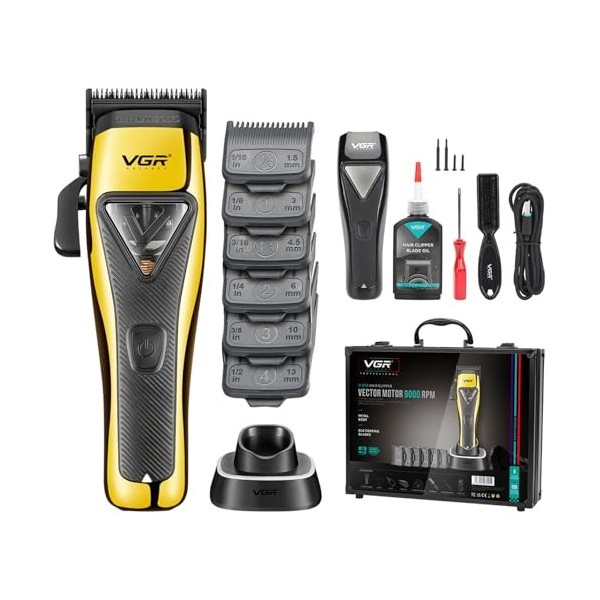 VGR 015 Tondeuse sans fil professionnelle pour hommes, moteur Vector 9000 RPM, lame DLC, tondeuse pour coupe de cheveux avec 