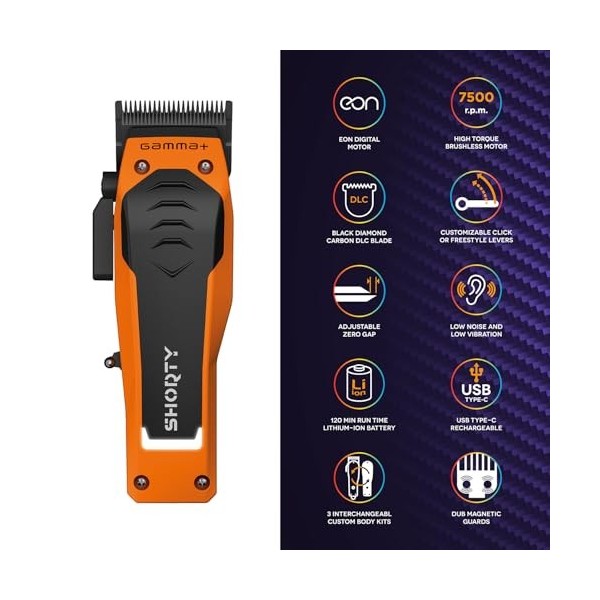 Gamma+ Shorty Tondeuse à Cheveux Professionnelle Homme avec Dimensions Réduites, Moteur Brushless EON, 120 Min dautonomie, L