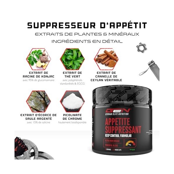 Appetite Suppressant - 270 gélules - Extrak hautement dosé avec glucomannane, extrait de thé vert, cannelle de Ceylan, extrai