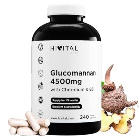 Glucomannane 4500 mg. 240 gélules végétaliennes pour 1,5 mois. Glucomannane issu de la fibre végétale de la racine de Konjac 