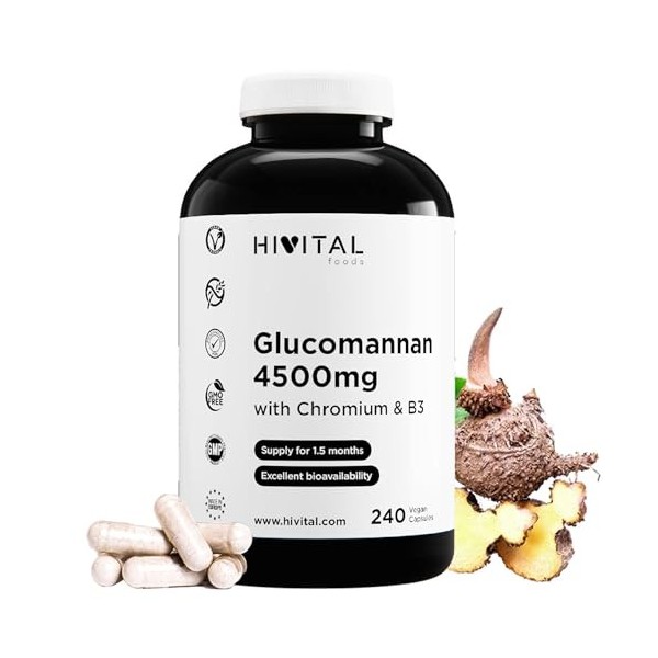 Glucomannane 4500 mg. 240 gélules végétaliennes pour 1,5 mois. Glucomannane issu de la fibre végétale de la racine de Konjac 