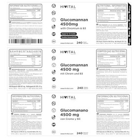 Glucomannane 4500 mg. 240 gélules végétaliennes pour 1,5 mois. Glucomannane issu de la fibre végétale de la racine de Konjac 