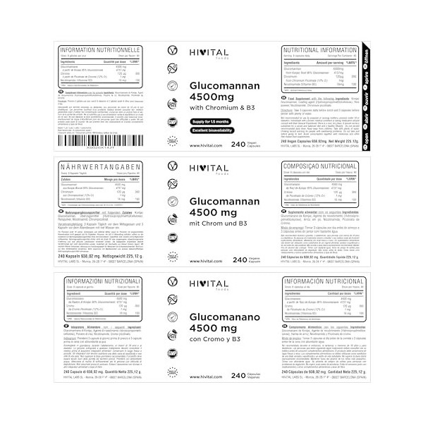 Glucomannane 4500 mg. 240 gélules végétaliennes pour 1,5 mois. Glucomannane issu de la fibre végétale de la racine de Konjac 