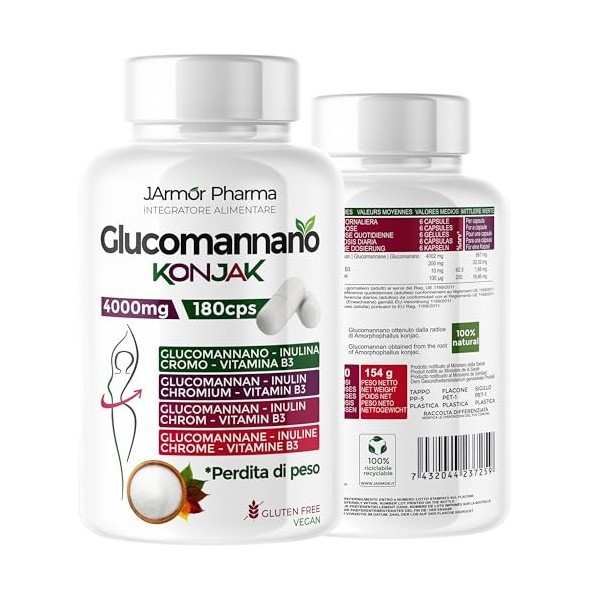 Konjac Coupe Faim 180 Gélules 4000 Mg | Glucomannane Perte de Poids | Coupe Faim Puissant et Efficace | Avec Inuline Chrome e