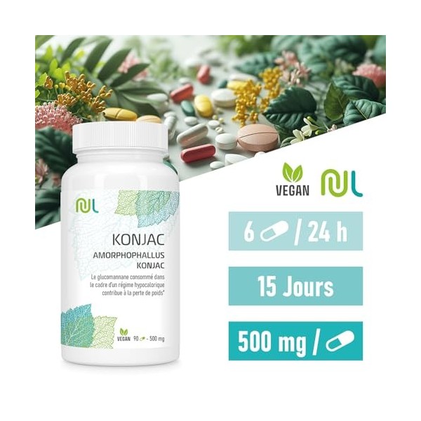 Konjac Gélules - Glucomannane 500 mg - 90 Gélules Végétales - Fibres Naturelles pour Perte Poids, Cholesterol EFSA , Bien-Êt