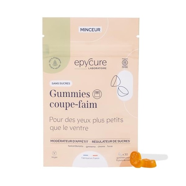 EPYCURE- Gummies Coupe-Faim Sans Sucres - Augmente Satiété, Réduit Faim & Grignotages - 99% Naturel -Beanblock®, Fucus, Gymne