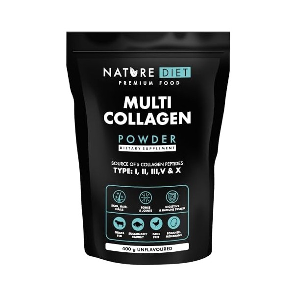 Nature Diet Multi Collagène en poudre sans saveur 400G, Peptides de collagène hydrolysés hautement biodisponibles de Type : I