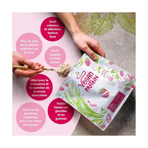 Vegan Proteine en Poudre [600g] | Yaourt Framboise | 24g Protein | Soja, Riz, Pois, Graines de Tournesol | Pre/Post Workout P