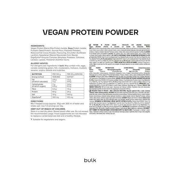 Bulk Vegan Protein Powder, Shake protéiné végétal, Chocolate Peanut, 2.5 kg, New & Improved Formula
