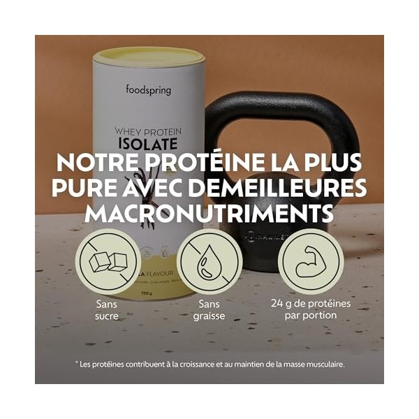 foodspring - Poudre de protéines Whey Isolate Vanille - Isowhey avec 24g de protéines de croissance musculaire, sans graisse 