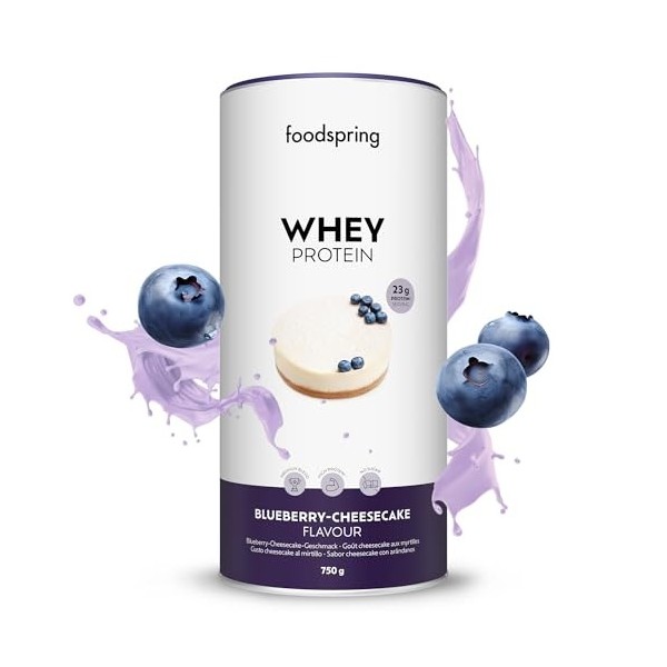 foodspring - Poudre de protéines whey Blueberry Cheesecake - Avec 23 g de protéines de croissance musculaire, solubilité parf